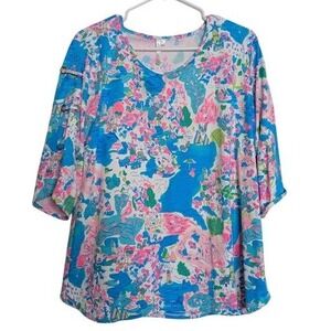 Lulu B Women Size Large 3/4 Sleeve Tropical Island Print UPF Blue Resort Stretch